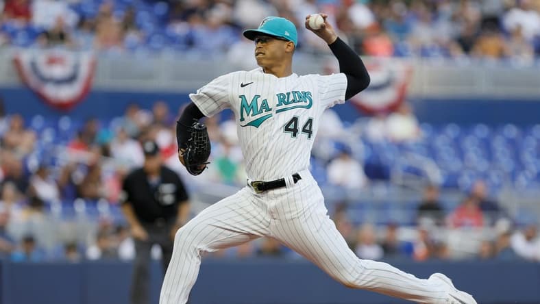 Mar 31, 2023; Miami, Florida, USA; Miami Marlins starting pitcher Jesus Luzardo (44) delivers a pitch during the first inning against the New York Mets at loanDepot Park. Mandatory Credit: Sam Navarro-USA TODAY Sports