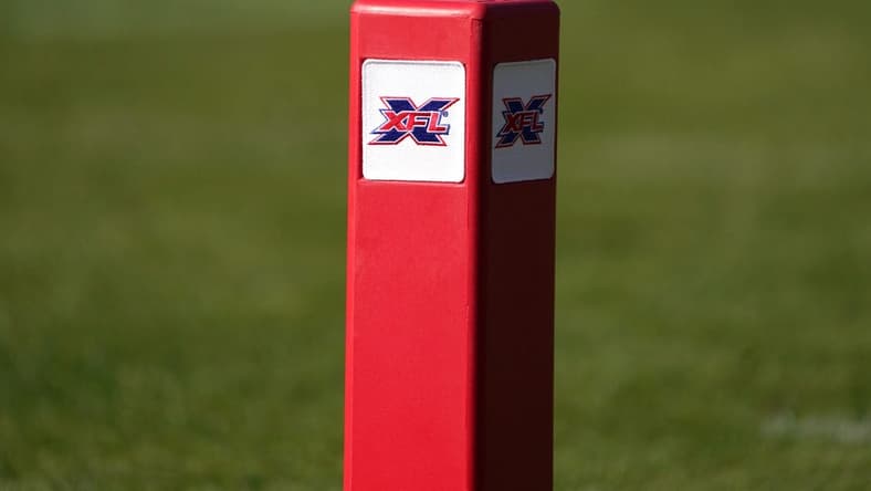 Feb 16, 2020; Carson, California, USA; Detailed view of pylon with XFL logo during the game between the LA Wildcats and the Dallas Renegades Dignity Health Sports Park. Mandatory Credit: Kirby Lee-USA TODAY Sports