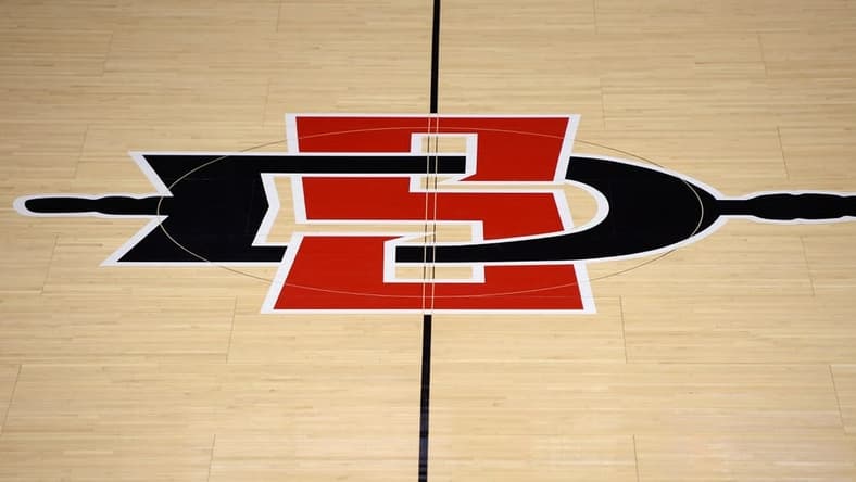 Dec 18, 2020; San Diego, California, USA; A detailed view of the San Diego State Aztecs logo at midcourt before the game against the Brigham Young Cougars at Viejas Arena. Mandatory Credit: Orlando Ramirez-USA TODAY Sports