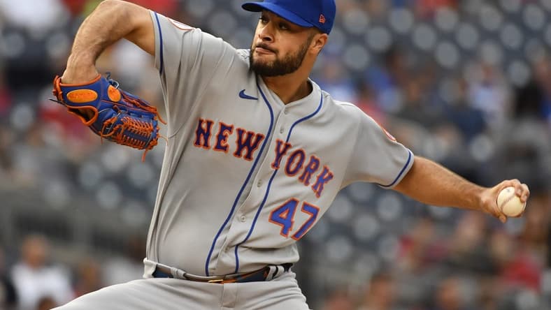 Jun 18, 2021; Washington, District of Columbia, USA; New York Mets starting pitcher Joey Lucchesi (47) throws to the Washington Nationals during the first inning at Nationals Park. Mandatory Credit: Brad Mills-USA TODAY Sports