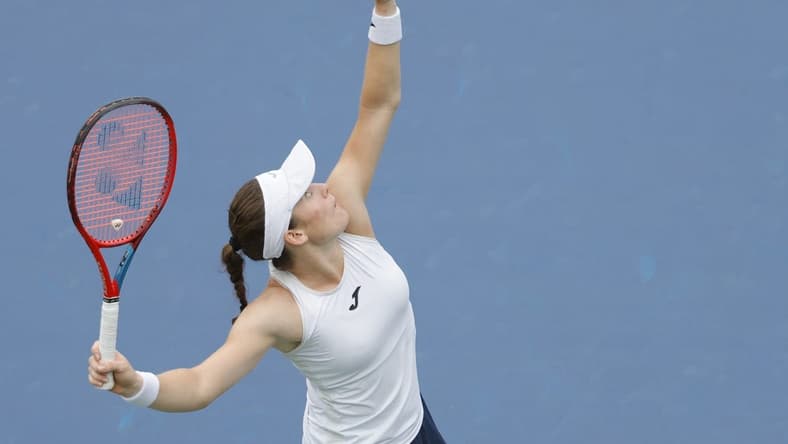 Sep 1, 2021; Flushing, NY, USA; Tamara Zidansek of Slovenia serves against Arnya Sabalenka of Belarus (not pictured) on day three of the 2021 U.S. Open tennis tournament at USTA Billie Jean King National Tennis Center. Mandatory Credit: Geoff Burke-USA TODAY Sports