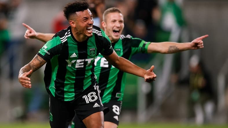Nov 3, 2021; Austin, Texas, USA; Austin FC defender Julio Cascante (18) celebrates after his goal in the first half against Sporting Kansas City at Q2 Stadium. Mandatory Credit: Isaiah J. Downing-USA TODAY Sports