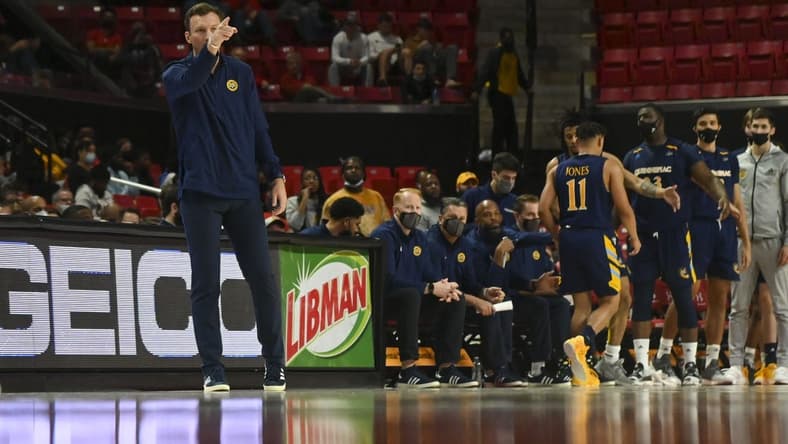 Nov 9, 2021; College Park, Maryland, USA; Quinnipiac Bobcats head coach Baker Dunleavy during the game against the Maryland Terrapins at Xfinity Center. Mandatory Credit: Tommy Gilligan-USA TODAY Sports