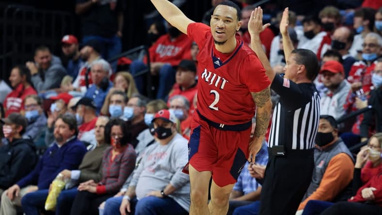 Nov 16, 2021; Piscataway, New Jersey, USA; NJIT Highlanders guard Dylan O'Hearn (2) reacts after making a three point basket during the second half against the Rutgers Scarlet Knights at Jersey Mike's Arena. Mandatory Credit: Vincent Carchietta-USA TODAY Sports