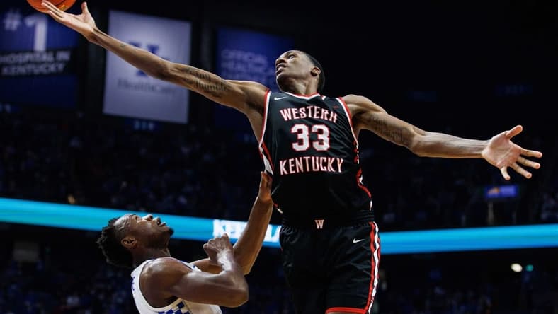 Dec 22, 2021; Lexington, Kentucky, USA; Western Kentucky Hilltoppers center Jamarion Sharp (33) reaches for a rebound during the first half against the Western Kentucky Hilltoppers at Rupp Arena at Central Bank Center. Mandatory Credit: Jordan Prather-USA TODAY Sports