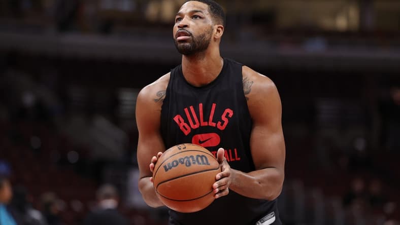 Apr 8, 2022; Chicago, Illinois, USA; Chicago Bulls center Tristan Thompson (3) warms up before an NBA game against the Charlotte Hornets at United Center. Mandatory Credit: Kamil Krzaczynski-USA TODAY Sports