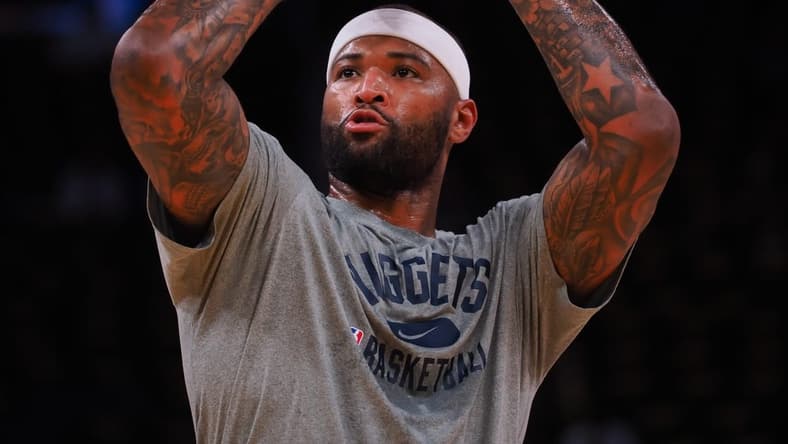 Apr 18, 2022; San Francisco, California, USA; Denver Nuggets center DeMarcus Cousins (4) warms up before game two of the first round for the 2022 NBA playoffs at Chase Center against the Golden State Warriors. Mandatory Credit: Kelley L Cox-USA TODAY Sports
