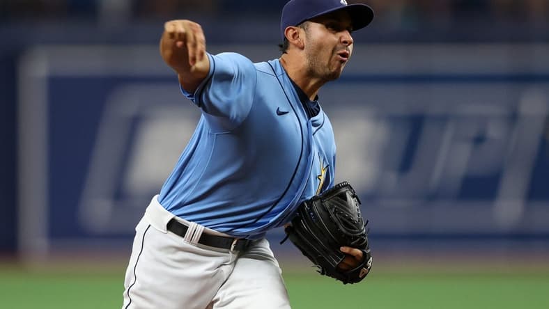 Apr 23, 2022; St. Petersburg, Florida, USA;  Tampa Bay Rays relief pitcher Javy Guerra (25) throws a pitch against the Boston Red Sox in the third inning at Tropicana Field. Mandatory Credit: Nathan Ray Seebeck-USA TODAY Sports