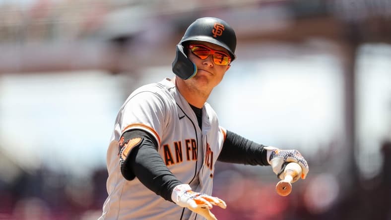 May 29, 2022; Cincinnati, Ohio, USA; San Francisco Giants left fielder Joc Pederson (23) reacts after striking out in the sixth inning against the Cincinnati Reds at Great American Ball Park. Mandatory Credit: Katie Stratman-USA TODAY Sports
