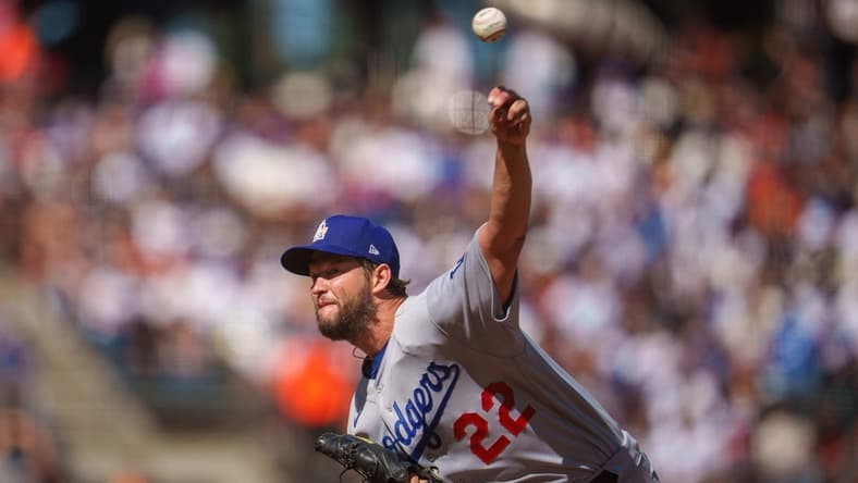Jun 11, 2022; San Francisco, California, USA;  Los Angeles Dodgers starting pitcher Clayton Kershaw (22) delivers a pitch during the first inning against the San Francisco Giants at Oracle Park. Mandatory Credit: Neville E. Guard-USA TODAY Sports