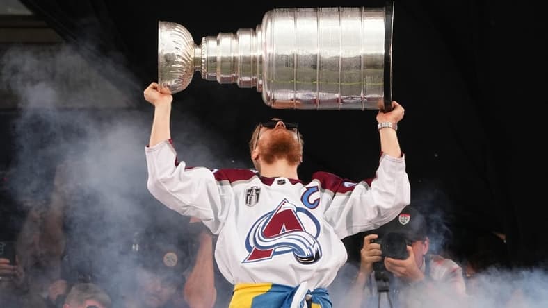 Jun 30, 2022; Denver, Colorado, USA; Colorado Avalanche left wing Gabriel Landeskog (92) during the Stanley Cup Championship Celebration. Mandatory Credit: Ron Chenoy-USA TODAY Sports