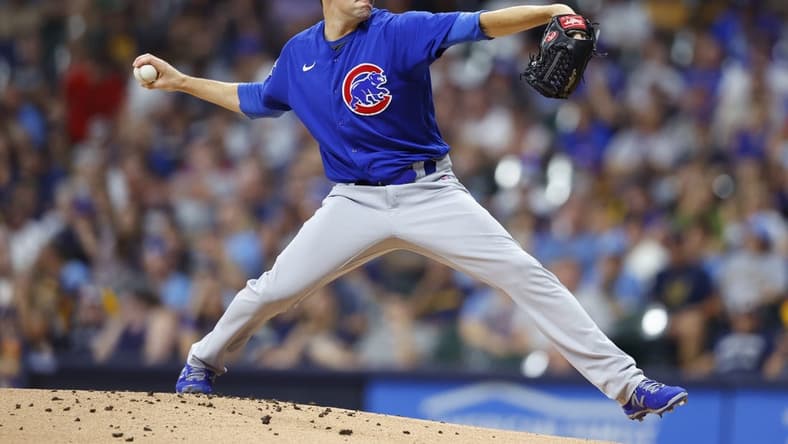 Jul 5, 2022; Milwaukee, Wisconsin, USA;  Chicago Cubs pitcher Kyle Hendricks (28) throws a pitch during the first inning against the Milwaukee Brewers at American Family Field. Mandatory Credit: Jeff Hanisch-USA TODAY Sports