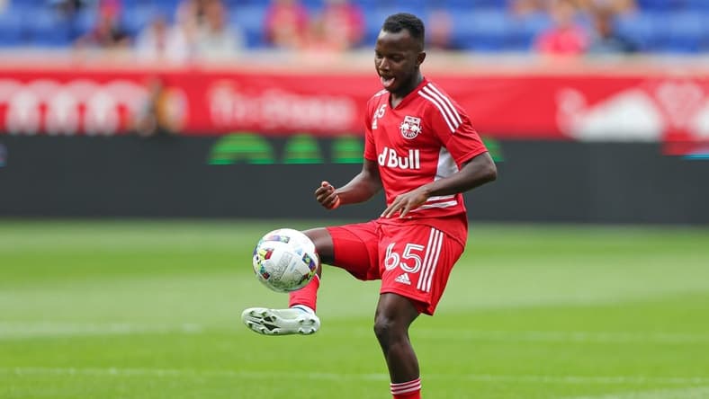 Jul 17, 2022; Harrison, New Jersey, USA; New York Red Bulls midfielder Steven Sserwadda (65) before the game against New York City FC at Red Bull Arena. Mandatory Credit: Vincent Carchietta-USA TODAY Sports