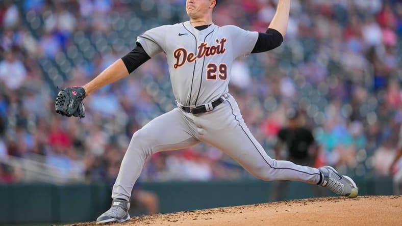 Aug 1, 2022; Minneapolis, Minnesota, USA; Detroit Tigers starting pitcher Tarik Skubal (29) pitches against the Minnesota Twins in the fourth inning at Target Field. Mandatory Credit: Brad Rempel-USA TODAY Sports