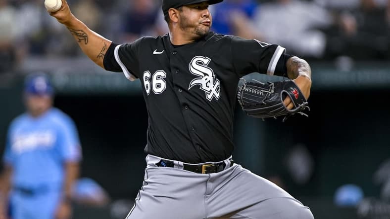 Aug 7, 2022; Arlington, Texas, USA; Chicago White Sox relief pitcher Jose Ruiz (66) pitches against the Texas Rangers during the ninth inning at Globe Life Field. Mandatory Credit: Jerome Miron-USA TODAY Sports