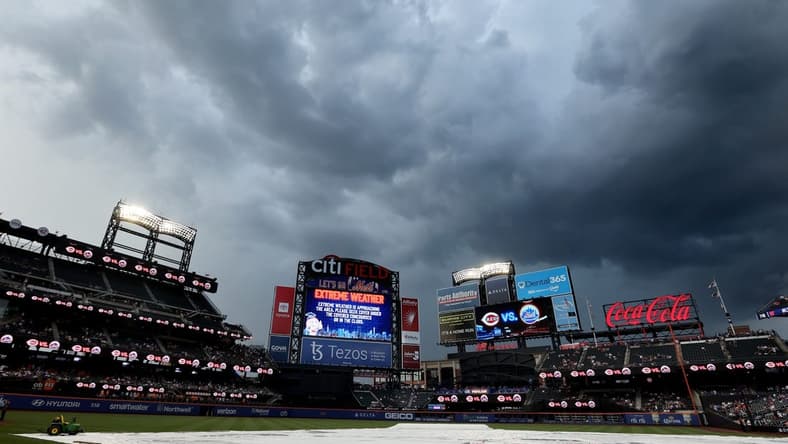 Aug 9, 2022; New York City, New York, USA; General view of storm clouds over Citi Field during a rain delay before a game between the New York Mets and the Cincinnati Reds. Mandatory Credit: Brad Penner-USA TODAY Sports
