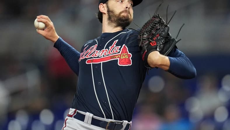 Aug 13, 2022; Miami, Florida, USA; Atlanta Braves pitcher Ian Anderson (36) pitches against the Miami Marlins in the first inning at loanDepot Park. Mandatory Credit: Jim Rassol-USA TODAY Sports