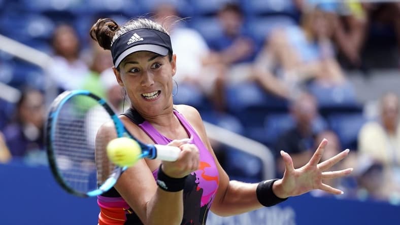 Sep 3, 2022; Flushing, NY, USA; Garbine Muguruza of Spain hits to Petra Kvitova of Czech Republic on day six of the 2022 U.S. Open tennis tournament at USTA Billie Jean King Tennis Center. Mandatory Credit: Danielle Parhizkaran-USA TODAY Sports