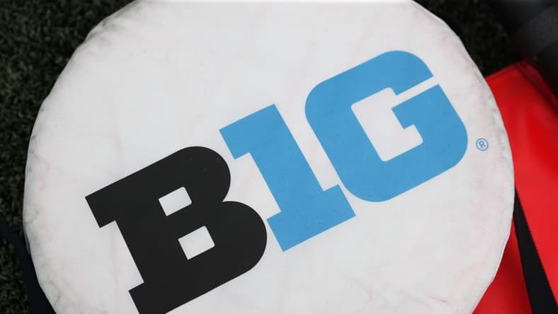 Sep 10, 2022; Madison, Wisconsin, USA;  Big Ten logo on sideline markers prior to the game between the Washington State Cougars and Wisconsin Badgers at Camp Randall Stadium. Mandatory Credit: Jeff Hanisch-USA TODAY Sports