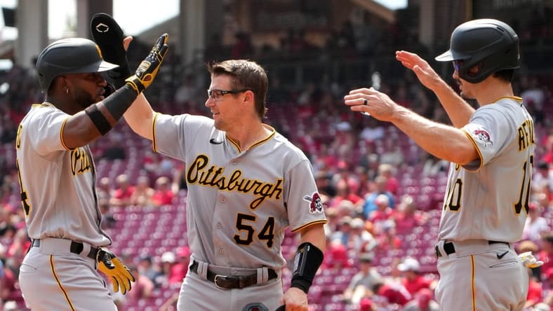 Pittsburgh Pirates designated hitter Rodolfo Castro (14) is congratulated by Pittsburgh Pirates catcher Tyler Heineman (54) and Pittsburgh Pirates center fielder Bryan Reynolds (10) after hitting a three-run home run in the third during of a baseball game, Wednesday, Sept. 14, 2022, at Great American Ball Park in Cincinnati.

Mlb Pittsburgh Pirates At Cincinnati Reds Sept 14 0818