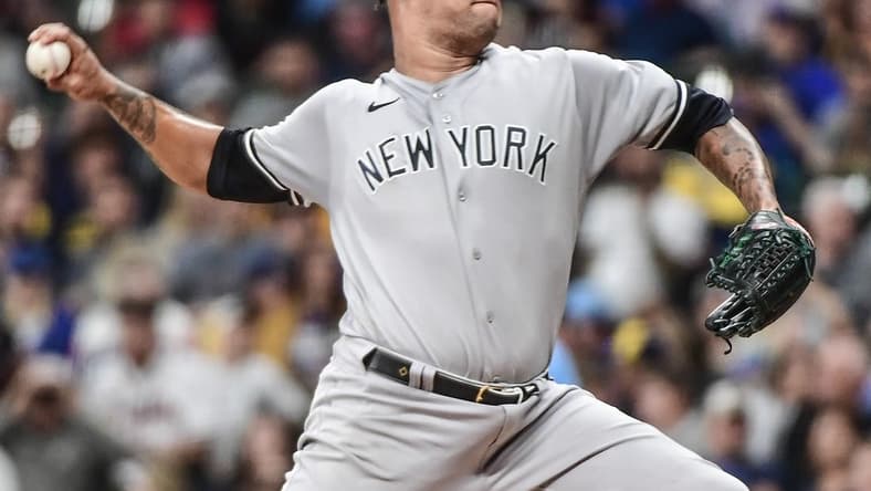 Sep 16, 2022; Milwaukee, Wisconsin, USA; New York Yankees pitcher Frankie Montas (47) throws a pitch in the first inning against the Milwaukee Brewers at American Family Field. Mandatory Credit: Benny Sieu-USA TODAY Sports