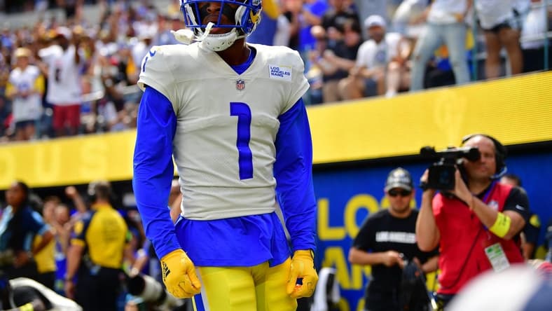 Sep 18, 2022; Inglewood, California, USA; Los Angeles Rams wide receiver Allen Robinson II (1) celebrates his touchdown scored against the Atlanta Falcons during the first half at SoFi Stadium. Mandatory Credit: Gary A. Vasquez-USA TODAY Sports