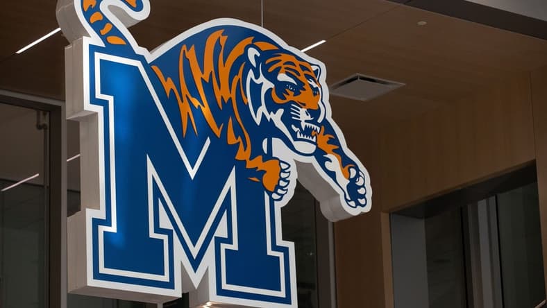 The University of Memphis logo hangs above an open Memphis Tigers basketball practice Friday, Sept. 30, 2022, at the University of Memphis.