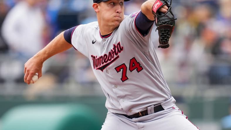 Sep 22, 2022; Kansas City, Missouri, USA; Minnesota Twins starting pitcher Josh Winder (74) pitches during the first inning against the Kansas City Royals at Kauffman Stadium. Mandatory Credit: Jay Biggerstaff-USA TODAY Sports