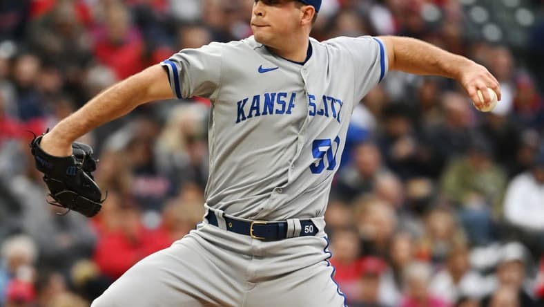 Oct 1, 2022; Cleveland, Ohio, USA; Kansas City Royals starting pitcher Kris Bubic (50) throws a pitch during the first inning against the Cleveland Guardians at Progressive Field. Mandatory Credit: Ken Blaze-USA TODAY Sports