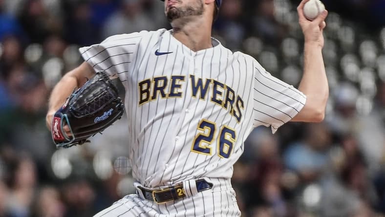 Oct 1, 2022; Milwaukee, Wisconsin, USA; Milwaukee Brewers pitcher Aaron Ashby (26) throws a pitch in the first inning against the Miami Marlins at American Family Field. Mandatory Credit: Benny Sieu-USA TODAY Sports