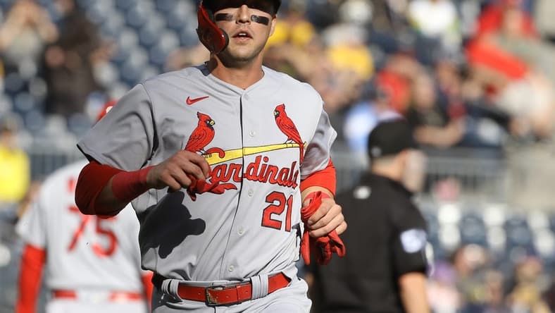 Oct 5, 2022; Pittsburgh, Pennsylvania, USA;  St. Louis Cardinals designated hitter Lars Nootbaar (21) runs home to score a run against the Pittsburgh Pirates during the first inning at PNC Park. Mandatory Credit: Charles LeClaire-USA TODAY Sports