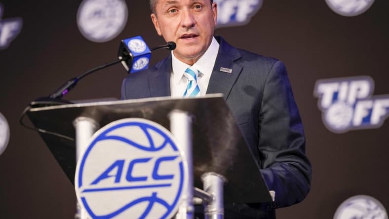 Oct 12, 2022; Charlotte, North Carolina, US; ACC commissioner James Phillips addresses the media during the ACC Men s  Basketball Tip-Off in Charlotte, NC.  Mandatory Credit: Jim Dedmon-USA TODAY Sports