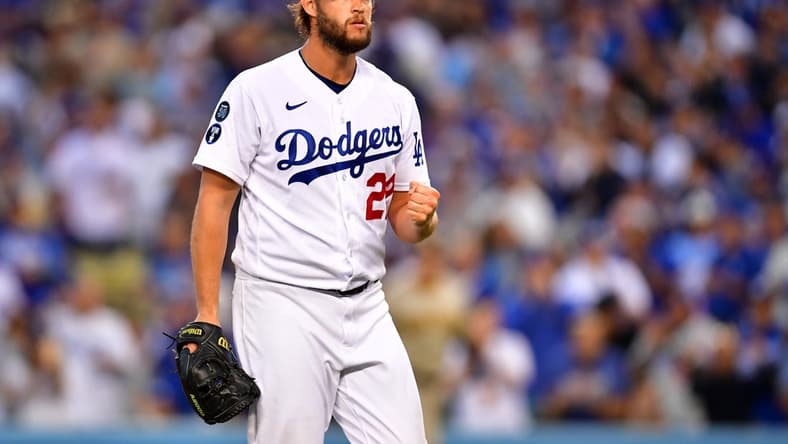 Oct 12, 2022; Los Angeles, California, USA; Los Angeles Dodgers starting pitcher Clayton Kershaw (22) after a strike out during the second inning of game two of the NLDS for the 2022 MLB Playoffs against the San Diego Padres at Dodger Stadium. Mandatory Credit: Gary A. Vasquez-USA TODAY Sports