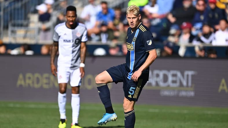 Oct 9, 2022; Philadelphia, Pennsylvania, USA; Philadelphia Union defender Jakob Glesnes (5) controls the ball against Toronto FC in the first half at Subaru Park. Mandatory Credit: Kyle Ross-USA TODAY Sports
