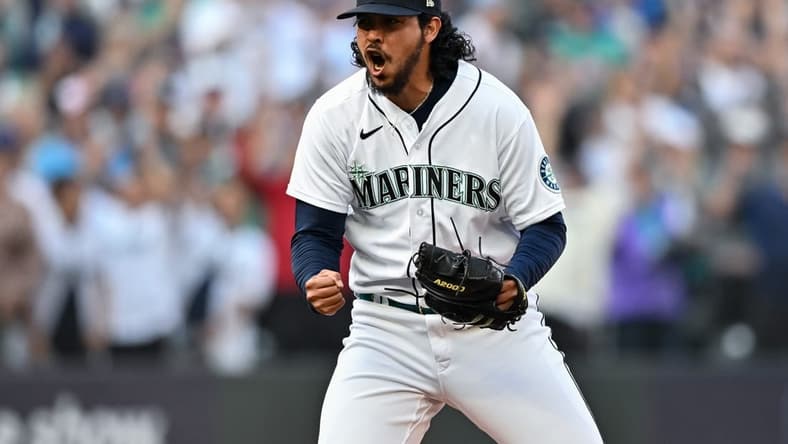 Oct 15, 2022; Seattle, Washington, USA; Seattle Mariners relief pitcher Andres Munoz (75) reacts in the eighth inning against the Houston Astros during game three of the ALDS for the 2022 MLB Playoffs at T-Mobile Park. Mandatory Credit: Steven Bisig-USA TODAY Sports