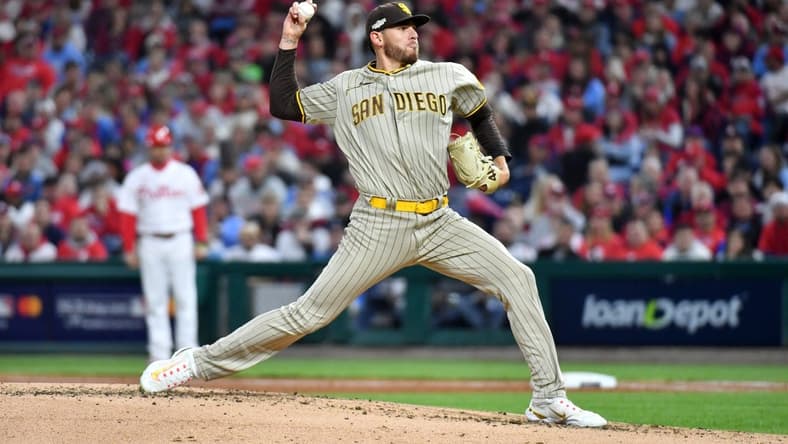 Oct 21, 2022; Philadelphia, Pennsylvania, USA; Oct 21, 2022; Philadelphia, Pennsylvania, USA; San Diego Padres starting pitcher Joe Musgrove (44) pitches in the first inning during game three of the NLCS against the Philadelphia Phillies for the 2022 MLB Playoffs at Citizens Bank Park. Mandatory Credit: Eric Hartline-USA TODAY Sports