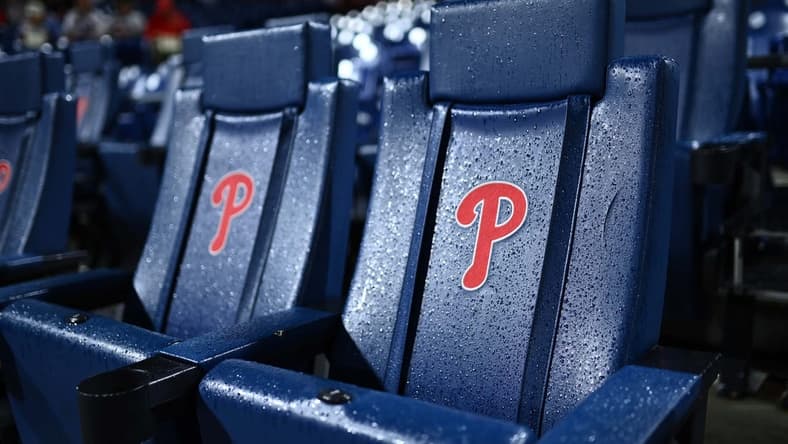 Oct 31, 2022; Philadelphia, Pennsylvania, USA; Rain is seen on the seats before game three of the 2022 World Series between the Philadelphia Phillies and the Houston Astros at Citizens Bank Park. Mandatory Credit: Kyle Ross-USA TODAY Sports