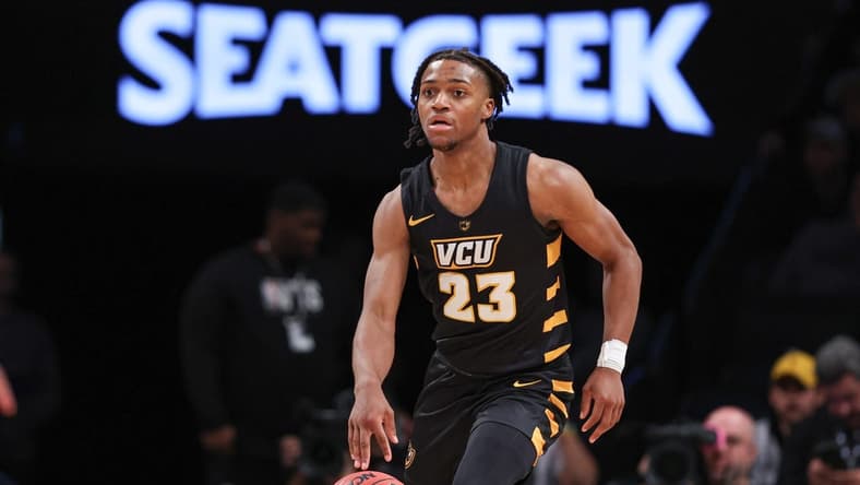 Nov 16, 2022; Brooklyn, New York, USA; Virginia Commonwealth Rams guard Jayden Nunn (23) dribbles up court  during the second half against the Arizona State Sun Devils at Barclays Center. Mandatory Credit: Vincent Carchietta-USA TODAY Sports