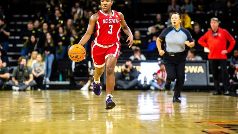 North Carolina State guard Diamond Johnson dribbles during a NCAA women's basketball game in the ACC/Big Ten Challenge against Iowa, Thursday, Dec. 1, 2022, at Carver-Hawkeye Arena in Iowa City, Iowa.
221201 Nc State Iowa Wbb 013 Jpg