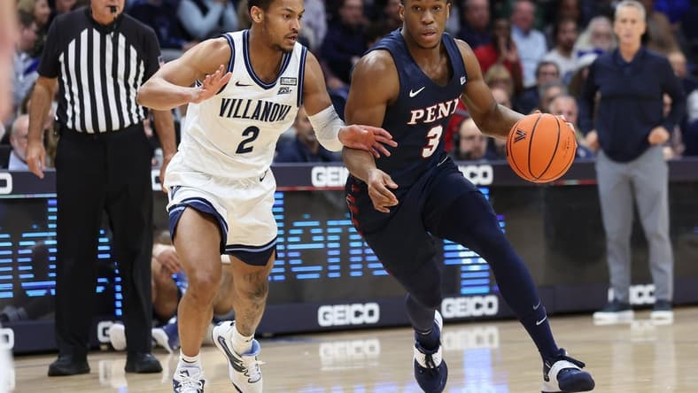 Dec 7, 2022; Villanova, Pennsylvania, USA; Pennsylvania Quakers guard Jordan Dingle (3) dribbles against Villanova Wildcats guard Mark Armstrong (2) during the first half at William B. Finneran Pavilion. Mandatory Credit: Bill Streicher-USA TODAY Sports