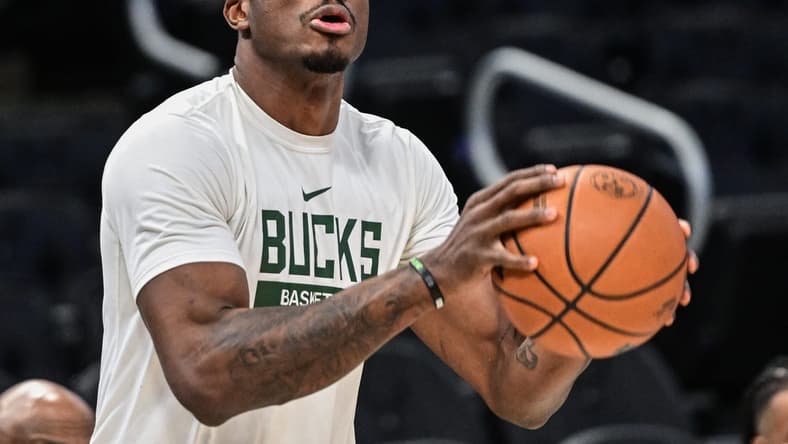 Dec 17, 2022; Milwaukee, Wisconsin, USA; Milwaukee Bucks forward Thanasis Antetokounmpo (43) warms up before a  game against the Utah Jazz at Fiserv Forum. Mandatory Credit: Benny Sieu-USA TODAY Sports