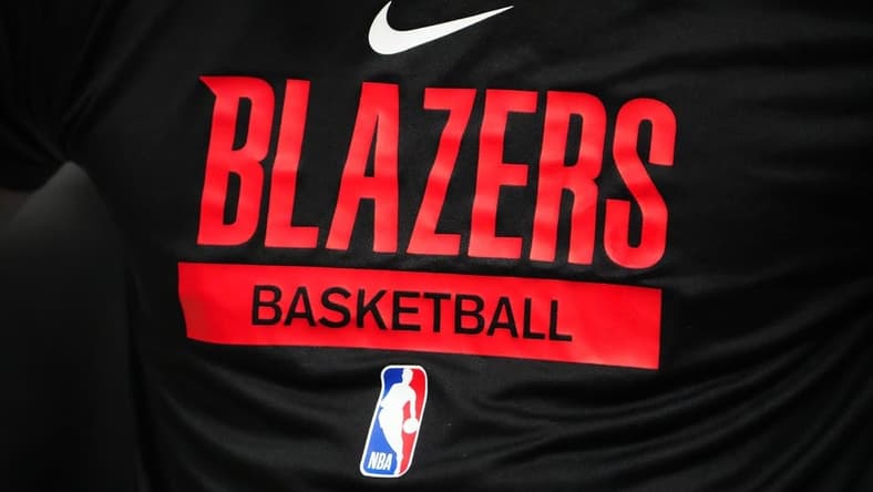 Jan 17, 2023; Denver, Colorado, USA; Detailed view of a Portland Trail Blazers logo warmup jersey before the game against the Denver Nuggets at Ball Arena. Mandatory Credit: Ron Chenoy-USA TODAY Sports