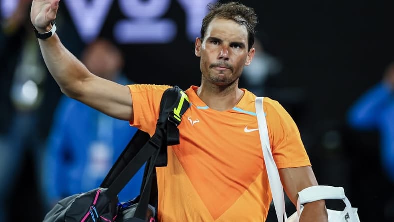 Jan 18, 2023; Melbourne, VICTORIA, Australia; Rafael Nadal after his second round match against Mackenzie Mcdonald on day three of the 2023 Australian Open tennis tournament at Melbourne Park. Mandatory Credit: Mike Frey-USA TODAY Sports