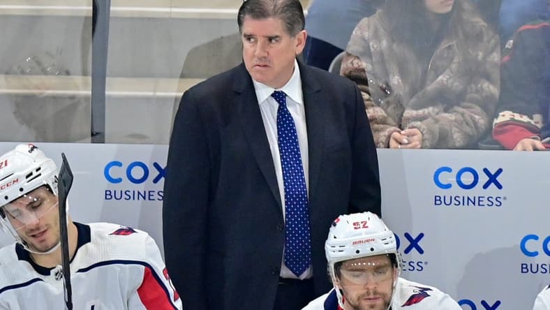 Jan 19, 2023; Tempe, Arizona, USA; Washington Capitals head coach Peter Laviolette looks on in the second period against the Arizona Coyotes at Mullett Arena. Mandatory Credit: Matt Kartozian-USA TODAY Sports