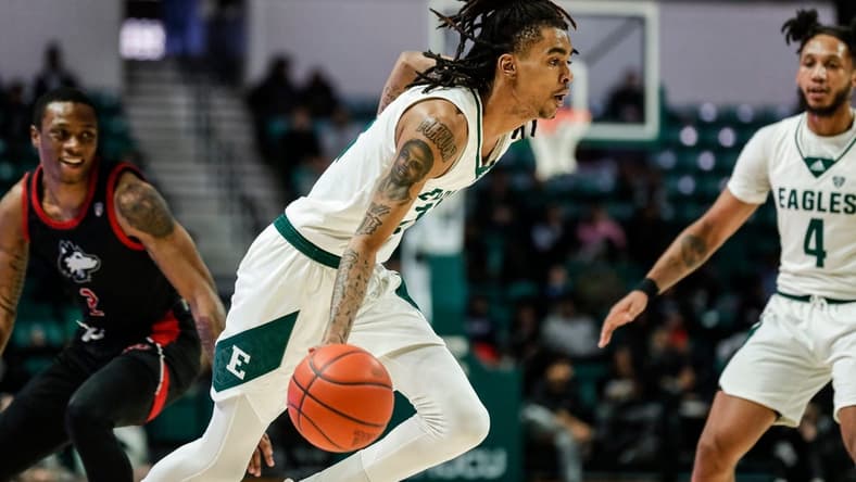 Eastern Michigan forward Emoni Bates dribbles against Northern Illinois during the first half at the George Gervin GameAbove Center in Ypsilanti on Saturday, Jan. 21, 2023.