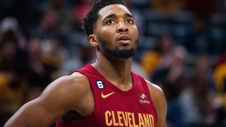 Feb 5, 2023; Indianapolis, Indiana, USA; Cleveland Cavaliers guard Donovan Mitchell (45) in the second half against the Indiana Pacers at Gainbridge Fieldhouse. Mandatory Credit: Trevor Ruszkowski-USA TODAY Sports