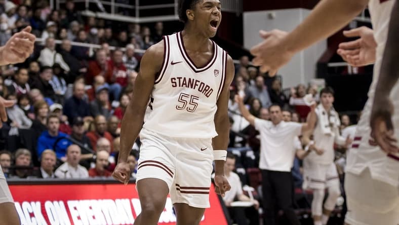 Feb 11, 2023; Stanford, California, USA;  Stanford Cardinal forward Harrison Ingram (55) reacts to a play against the Arizona Wildcats during the first half at Maples Pavilion. Mandatory Credit: John Hefti-USA TODAY Sports