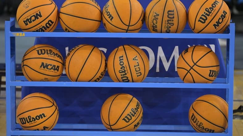 Feb 16, 2023; Los Angeles, California, USA; General view of NCAA Pac 12 basketballs on the court at Pauley Pavilion presented by Wescom. Mandatory Credit: Jayne Kamin-Oncea-USA TODAY Sports