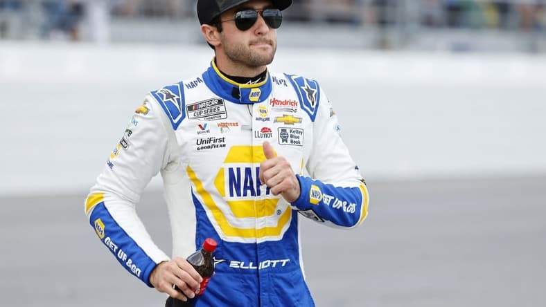 Feb 19, 2023; Daytona Beach, Florida, USA; NASCAR Cup Series driver Chase Elliott (9) during driver introductions before the start of the Daytona 500 at Daytona International Speedway. Mandatory Credit: Mike Dinovo-USA TODAY Sports