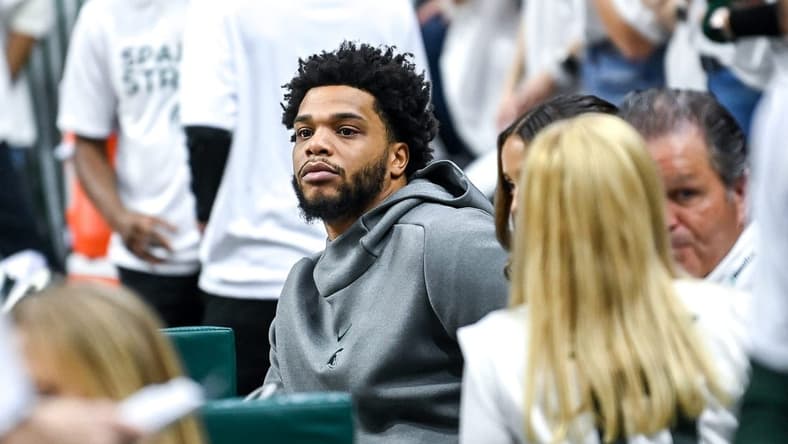 Former Michigan State basketball player Miles Bridges looks on during the first half in the game against Indiana on Tuesday, Feb. 21, 2023, at the Breslin Center in East Lansing.
230221 Msu Indiana Bball 187a